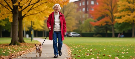 Cheerful senior woman walks pet dog amidst fallen autumn leaves in urban park scene Senior Activities Illustration