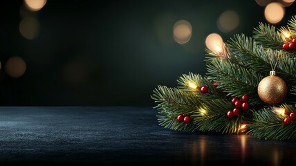 Wall Mural - A Christmas tree with a gold ornament and red berries