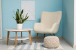 © Pixel-Shot - Comfortable armchair, soft pouf and houseplant on coffee table in living room
