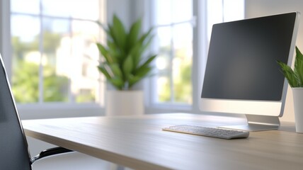 A computer desk with a keyboard and a monitor