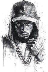 Canvas Print - Hip Hop Rapper Illustration Black and White