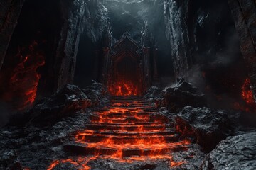 Demonic throne room with lava flows, with copy space