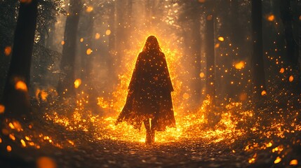 Wall Mural - Mysterious Figure Cloaked in Flames in a Forest Setting