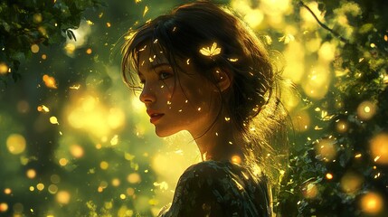 Wall Mural - Dreamy Portrait of a Woman in a Golden Forest