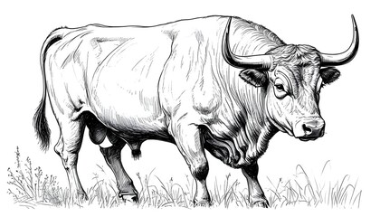 Wall Mural - Lifelike black and white sketch of a bull, showcasing intricate details and dynamic lines on a pristine white background