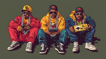 Three Hip Hop Musicians Wearing Gold Chains and Playing Retro Game Consoles