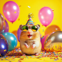 Party animal! Colorful photo of funny, happy hamster on yellow background. Ballons, confetti, happy mood. Birthday celebration banner	
Square frame for instagram post or button