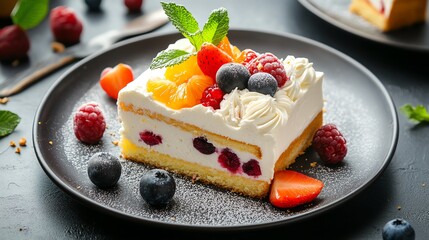 Wall Mural - Delicious cake topped with fresh fruit and whipped cream.