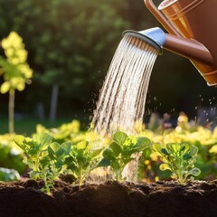 A gardener waters young plants in a lush garden during a sunny afternoon, promoting healthy growth and nurturing nature. Generative AI