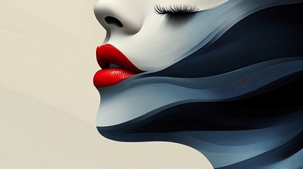 Sticker - Abstract female portrait with blue fabric and red lips