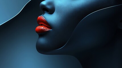 Canvas Print - Closeup portrait of a woman with red lipstick and blue skin in abstract background