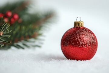 Wall Mural - Red Christmas ornament in the snow with blurred evergreen branches in the background.