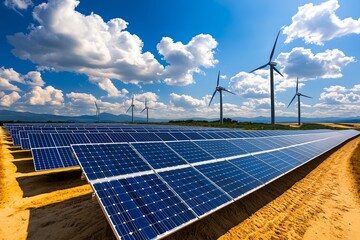 A field of solar panels and wind turbines, integrated into a conservation area to promote sustainable energy and protect local wildlife