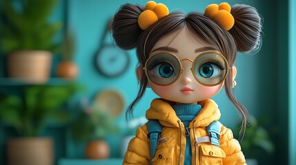 Poster - Cute Cartoon Girl with Big Eyes and Buns. Digital Art, Avatar, 3D Illustration.