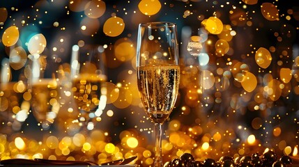 a festive and elegant scene with two champagne flutes filled with bubbly champagne. the background i