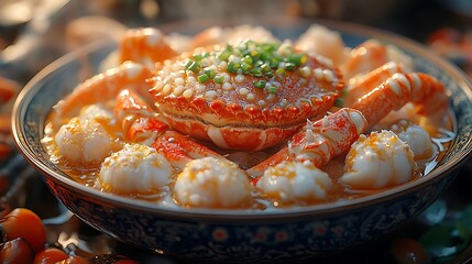 Close up of Delicious Steamed Crab Dish with Scallops and Chinese Herbs