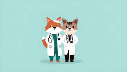 Wall Mural - Confident cartoon white cat doctor in a white coat and stethoscope stands proudly with arms folded against a muted green backdrop