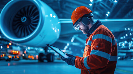 An airport technician in bright safety gear examines a tablet as a plane rests in the background under the glow of artificial lights in a spacious hangar.