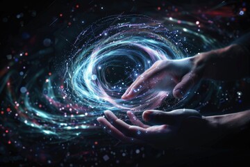 Wall Mural - a hand is reaching into a swirling blue and red vortex, generative ai image