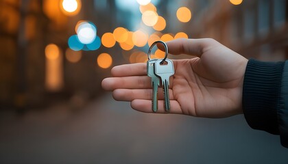 Sticker - Keys in hand against a warm evening street, glowing lights creating a cozy atmosphere of homecoming and comfort