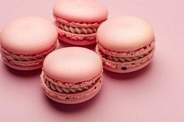 Pink macaroons on pink background. French pastries, sweet treats, dessert, confectionery, studio shot, top view, delicious food, tasty pastries, sweet indulgence, epicurean delight, pink color,