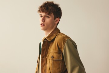 Young caucasian man wears stylish jacket on light background. He has casual attire, fashionable clothes, and modern look. The man is photogenic, wearing a cool outfit, and posing for the camera.