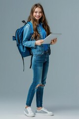 Pretty smiling girl in casual denim jeans with a blue backpack holds a digital tablet on a grey background. She has a happy and cheerful expression. Young adult woman is isolated in a studio setting.