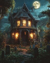 Wall Mural - Cartoon Halloween haunted house at night