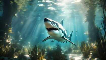 Wall Mural - Dominance of a Great White Shark in a Sunlit Underwater Forest