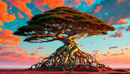 Majestic tree flourishing on alien terrain beneath a dramatic sunset sky with vivid orange clouds in a captivating fantasy digital painting