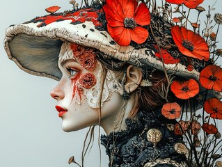 Surreal Portrait of a Woman with Flowers and Mushroom Hat