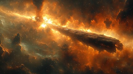 spaceship flying through fiery nebula in space, cosmic art, science fiction illustration