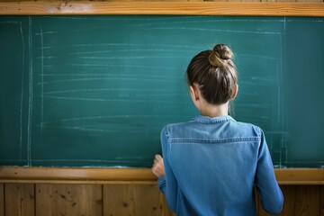 Young adult teacher stands near classic chalkboard in school classroom. He is dressed in casual attire and looks confident while explaining lesson to students. Background is beautiful and academic.