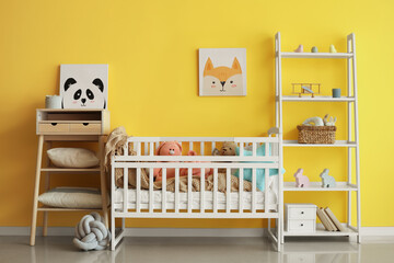 Poster - Interior of children's bedroom with crib and animal paintings