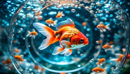 Vibrant Orange Goldfish Gracefully Swimming in a Circular Aquarium Surrounded by Soft Blue Bubbles and Gentle Light