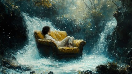 Wall Mural - Woman Relaxing by a Waterfall in a Lush Forest