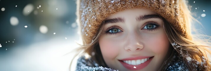 Poster - a woman with blue eyes and a hat on smiling for the camera in the snow