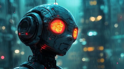 Sticker - Futuristic robot with glowing red eyes in cyberpunk city, artificial intelligence, digital art