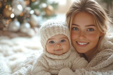 Beautiful young mother and her adorable little daughter in knitted hats are sitting on the floor near the Christmas tree.