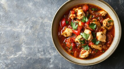 Wall Mural - Spicy chicken stew with tomatoes and herbs in bowl