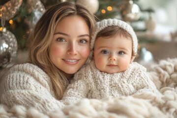 Beautiful young mother and her adorable little daughter in knitted hats are sitting on the floor near the Christmas tree.