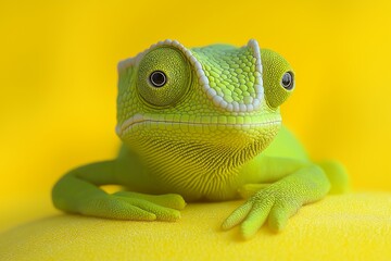 Wall Mural - Close-up of a green chameleon with bright yellow background.