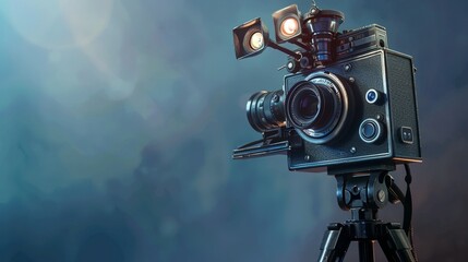 Vintage Film Camera Mounted on a Tripod Against a Blue Background