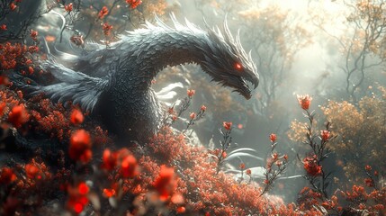 Poster - Dragon in a Forest of Red Flowers - Fantasy Art