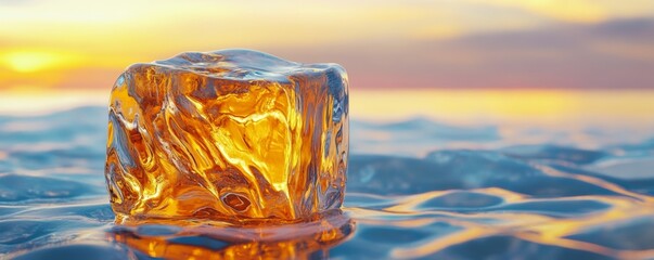 Ice cube on reflective water surface at