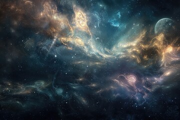 celestial scene of swirling galaxies, stars, and cosmic clouds in space with bright light flares