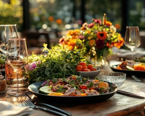 A farm-to-table dining scene with vibrant, fresh produce and artisanal dishes served in a chic outdoor garden restaurant  Nature  Soft Glow  Photography