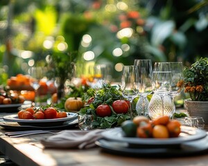 A farm-to-table dining scene with vibrant, fresh produce and artisanal dishes served in a chic outdoor garden restaurant  Nature  Soft Glow  Photography