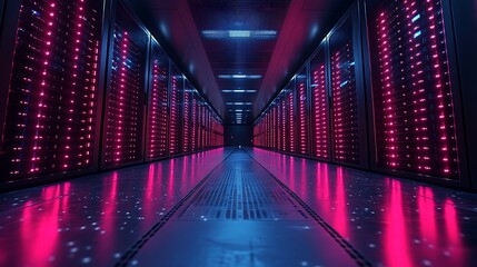 Poster - Futuristic server room with glowing lights and data racks