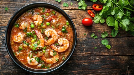 Poster - Bowl of shrimp stew with vegetables and herbs on wooden table